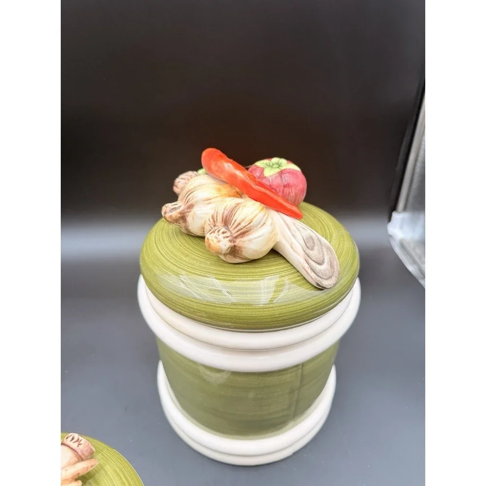 Vintage Set Of 4 Garden Harvest‎ Green Hand Painted Canister with Vegetables